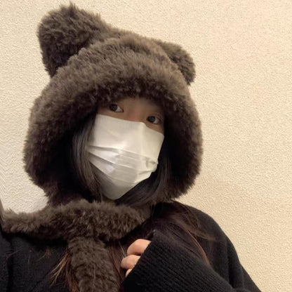 / Ribbed Fluffy Ear Plain Beanie Hat Bear