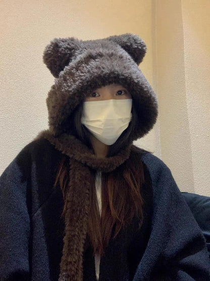 / Ribbed Fluffy Ear Plain Beanie Hat Bear