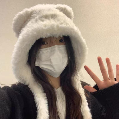 Beanie Fluffy Ribbed Bear Plain Hat Ear /