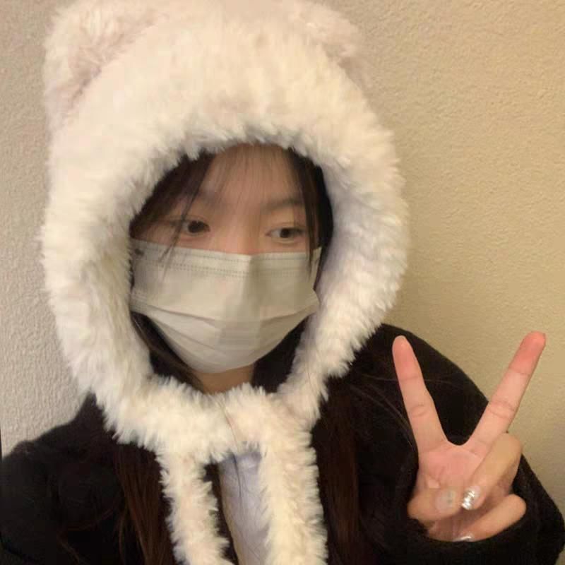 Beanie Fluffy Ribbed Bear Plain Hat Ear /