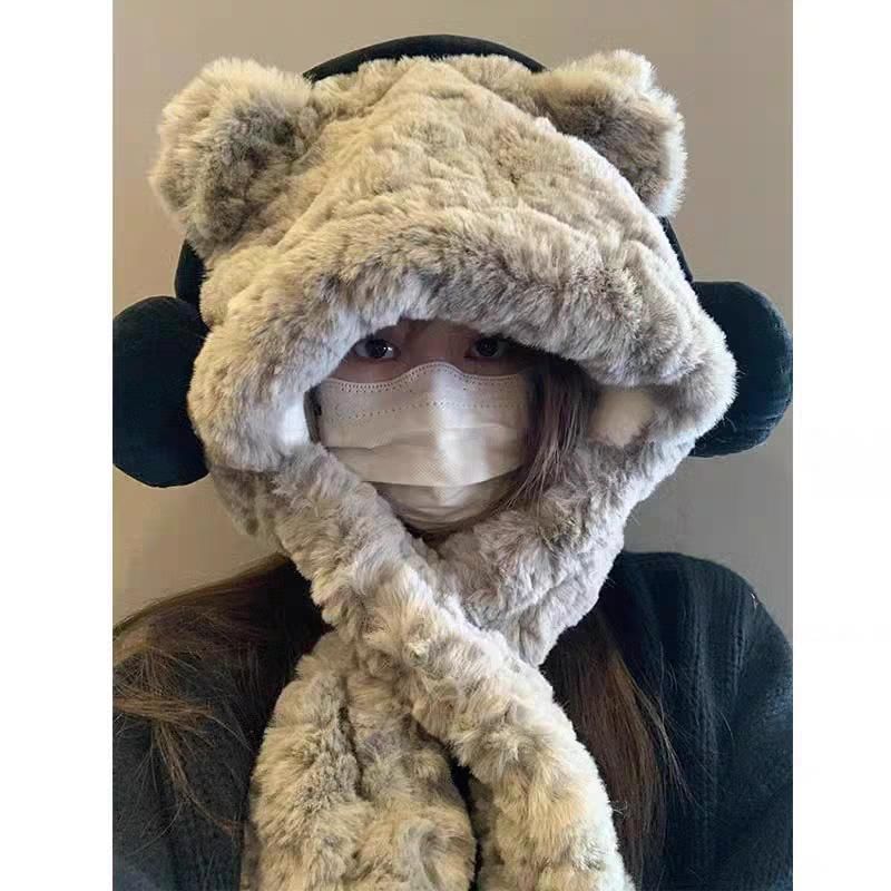 Ear Beanie / Fluffy Hooded Bear Scarf Ribbed