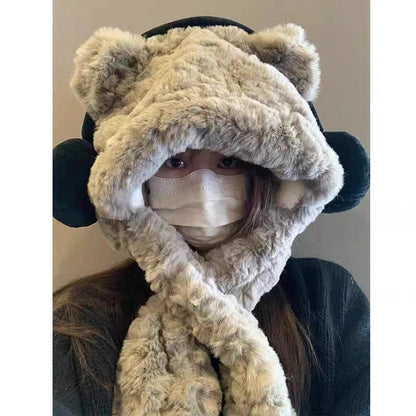 Ear Beanie / Fluffy Hooded Bear Scarf Ribbed