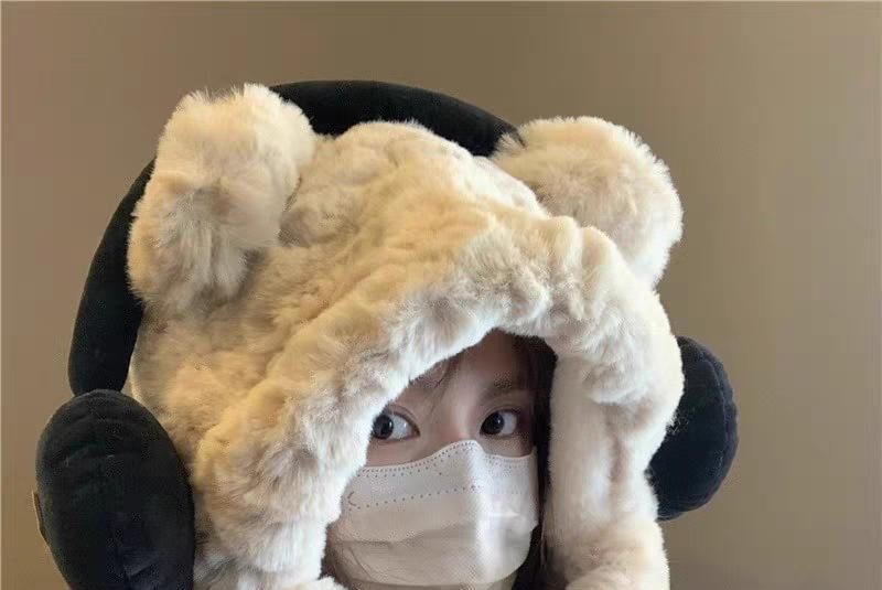 Ear Beanie / Fluffy Hooded Bear Scarf Ribbed