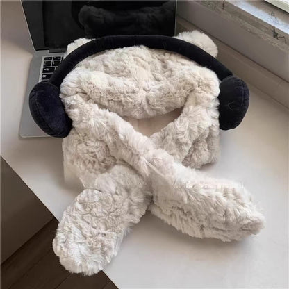 Ear Beanie / Fluffy Hooded Bear Scarf Ribbed