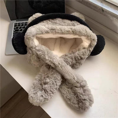 Ear Beanie / Fluffy Hooded Bear Scarf Ribbed