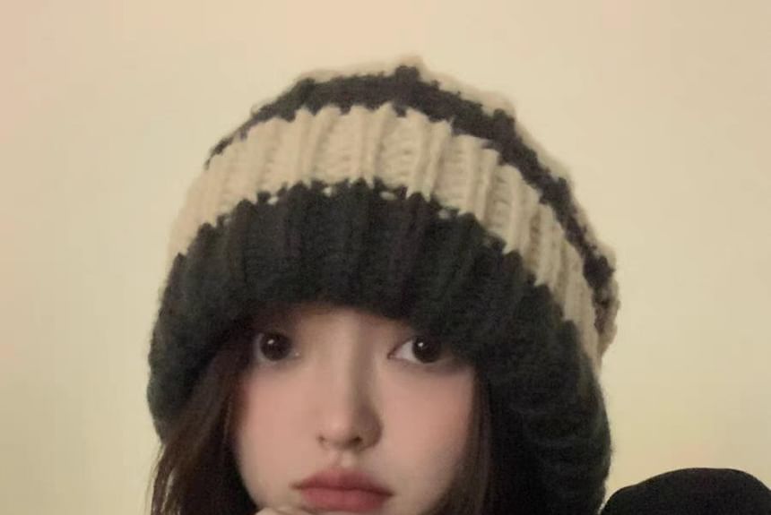 / Striped Plain Beanie Ribbed