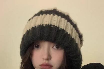 / Striped Plain Beanie Ribbed