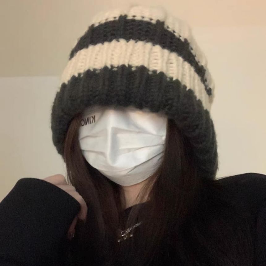 / Striped Plain Beanie Ribbed