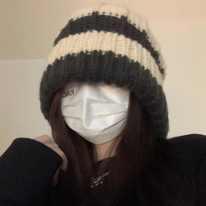 / Striped Plain Beanie Ribbed