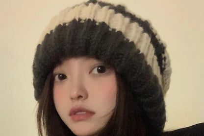 / Striped Plain Beanie Ribbed