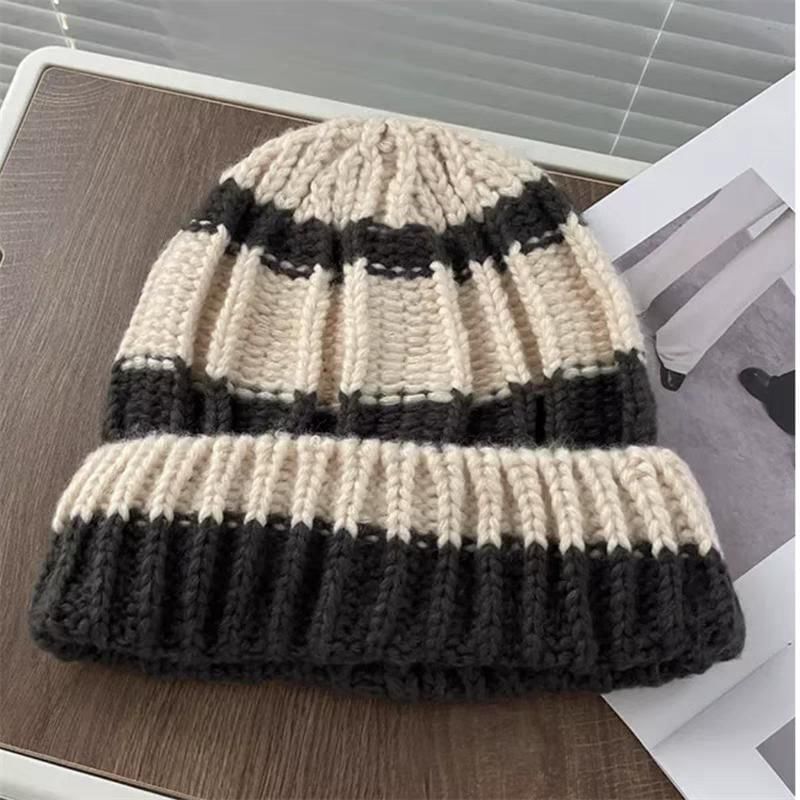 / Striped Plain Beanie Ribbed