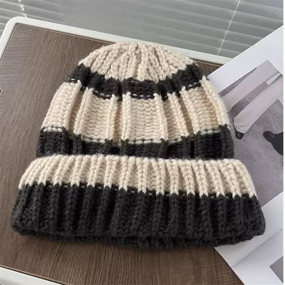 / Striped Plain Beanie Ribbed