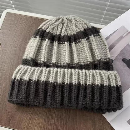 / Striped Plain Beanie Ribbed