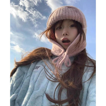 Knit Hat Balaclava Plain Fluffy / Bear