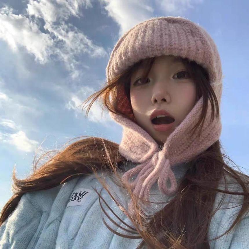 Knit Hat Balaclava Plain Fluffy / Bear