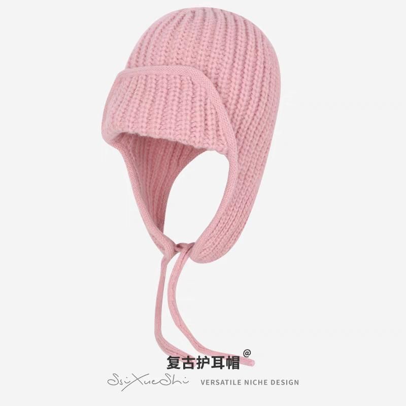 Knit Hat Balaclava Plain Fluffy / Bear