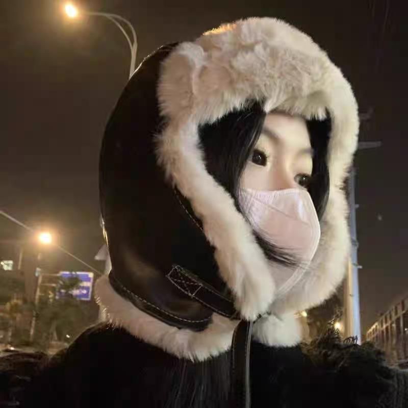 Fluffy Leather Plain Trapper Panel Hat / Faux