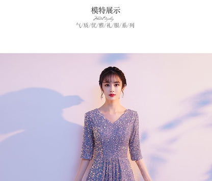 Gown Evening A-Line Sequin Elbow-Sleeve V-Neck