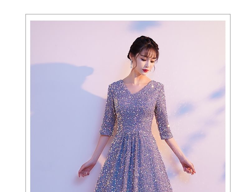 Gown Evening A-Line Sequin Elbow-Sleeve V-Neck