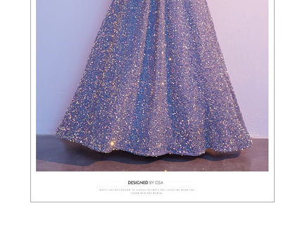 Gown Evening A-Line Sequin Elbow-Sleeve V-Neck