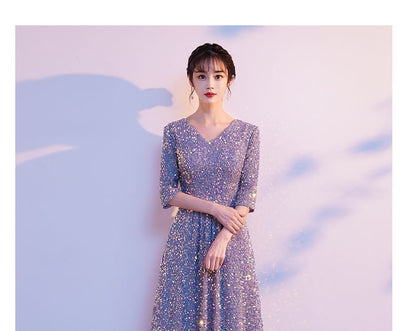 Gown Evening A-Line Sequin Elbow-Sleeve V-Neck