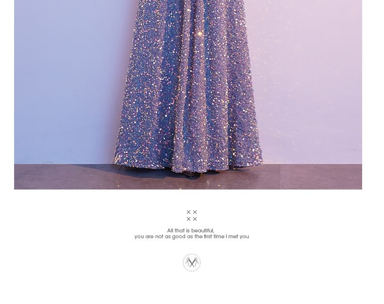 Gown Evening A-Line Sequin Elbow-Sleeve V-Neck