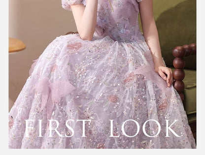 Evening Puff-Sleeve Gown Flower Embroidered A-Line Sequin