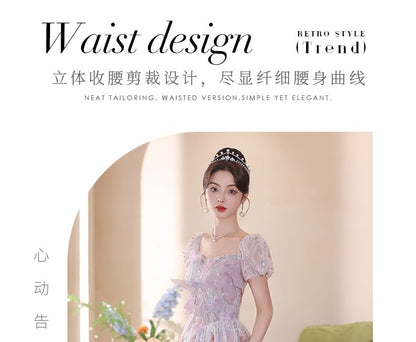 Evening Puff-Sleeve Gown Flower Embroidered A-Line Sequin