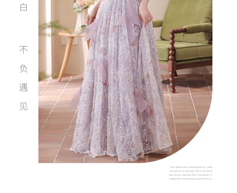 Evening Puff-Sleeve Gown Flower Embroidered A-Line Sequin