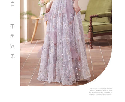 Evening Puff-Sleeve Gown Flower Embroidered A-Line Sequin