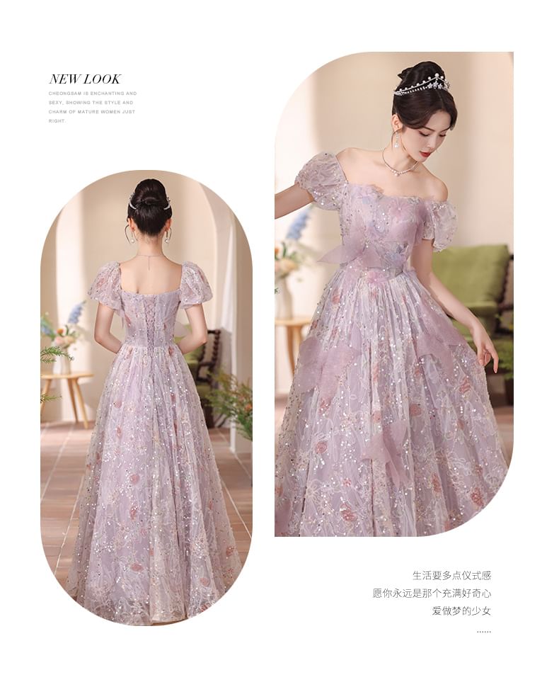 Evening Puff-Sleeve Gown Flower Embroidered A-Line Sequin