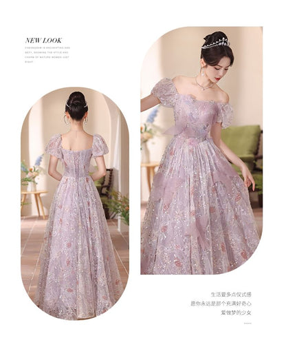 Evening Puff-Sleeve Gown Flower Embroidered A-Line Sequin