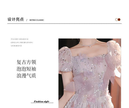 Evening Puff-Sleeve Gown Flower Embroidered A-Line Sequin