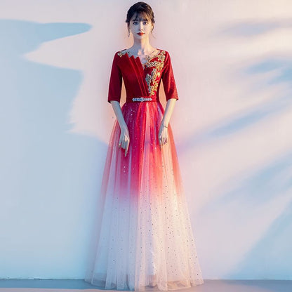 Evening A-Line Gradient Embroidered Flower Gown Sequin Elbow-Sleeve