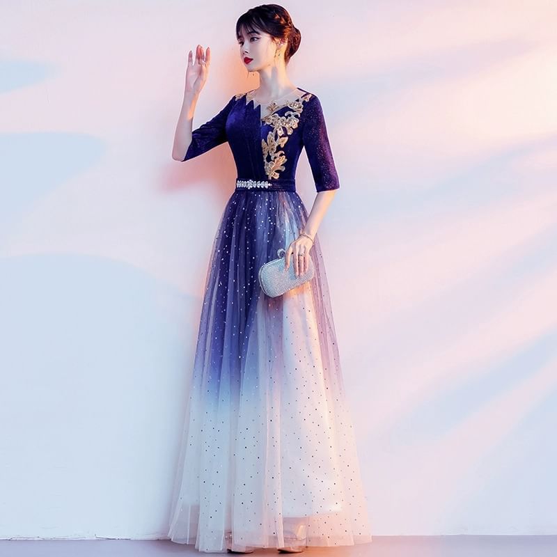 Evening A-Line Gradient Embroidered Flower Gown Sequin Elbow-Sleeve