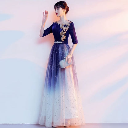 Evening A-Line Gradient Embroidered Flower Gown Sequin Elbow-Sleeve