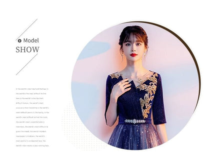 Evening A-Line Gradient Embroidered Flower Gown Sequin Elbow-Sleeve