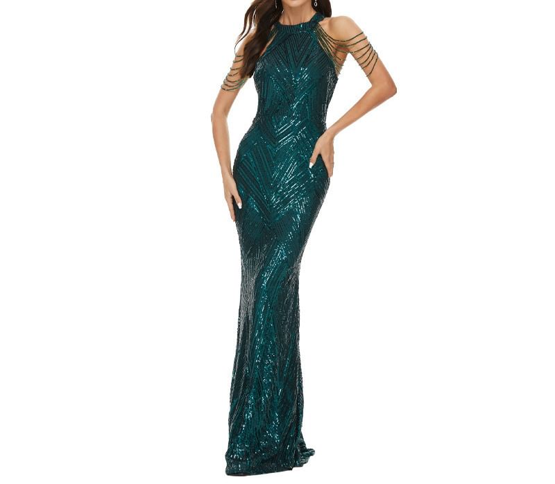 Beaded Evening Halter Gown Mermaid Sequin Strappy