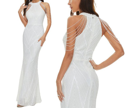 Beaded Evening Halter Gown Mermaid Sequin Strappy