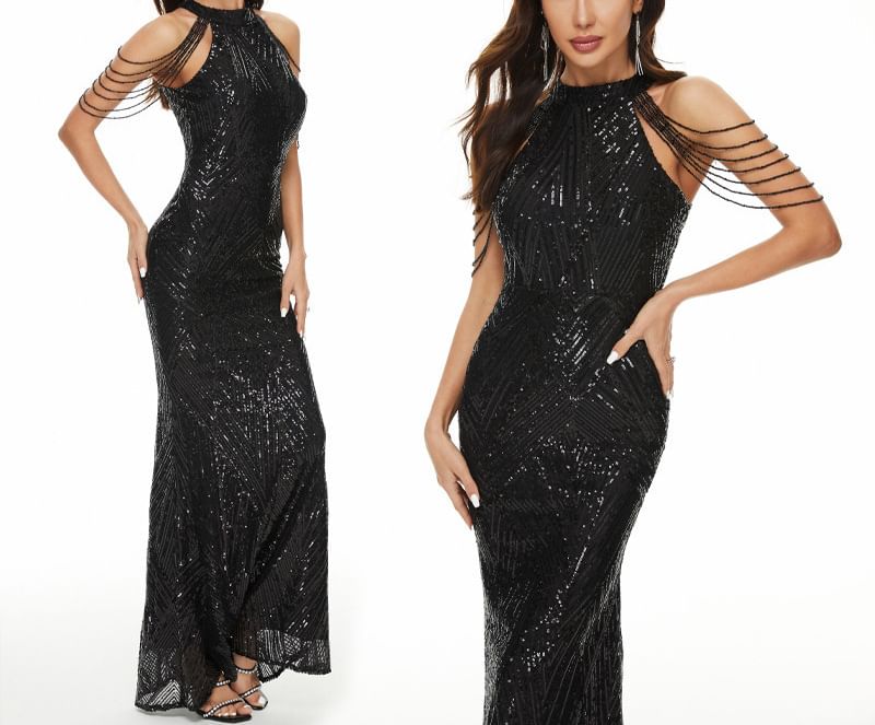 Beaded Evening Halter Gown Mermaid Sequin Strappy