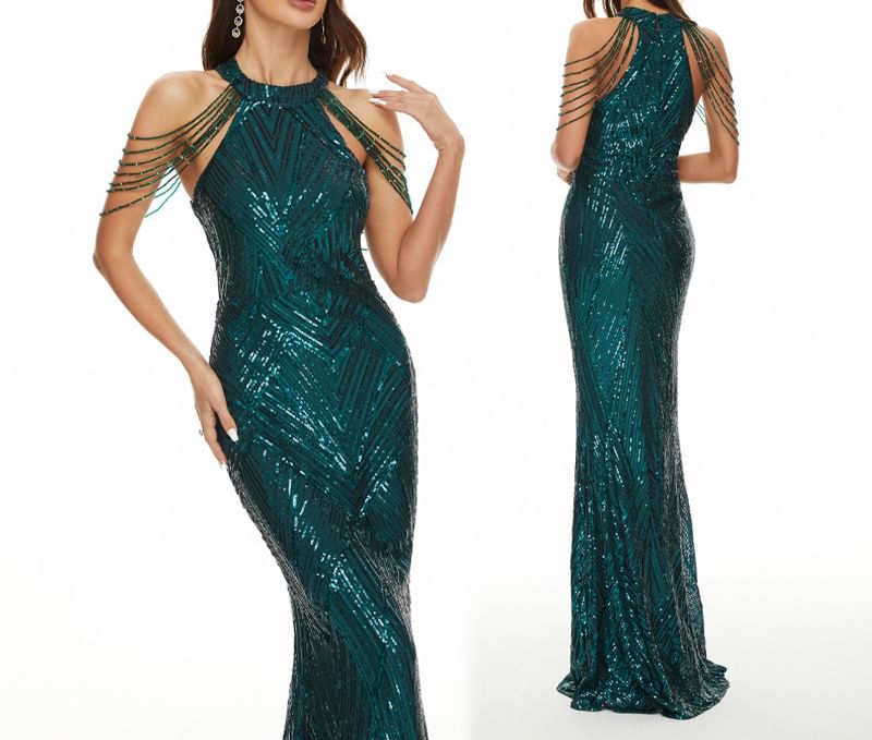 Beaded Evening Halter Gown Mermaid Sequin Strappy