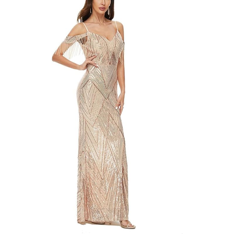 Cold-Shoulder Sequin Gown Evening Trumpet Beaded