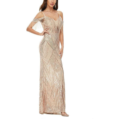 Cold-Shoulder Sequin Gown Evening Trumpet Beaded