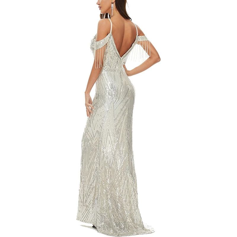 Cold-Shoulder Sequin Gown Evening Trumpet Beaded