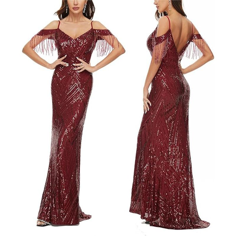 Cold-Shoulder Sequin Gown Evening Trumpet Beaded