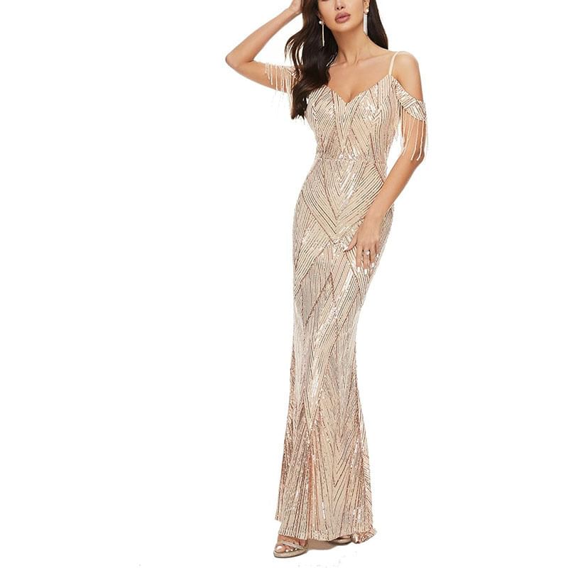 Cold-Shoulder Sequin Gown Evening Trumpet Beaded