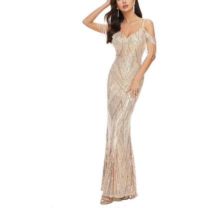 Cold-Shoulder Sequin Gown Evening Trumpet Beaded