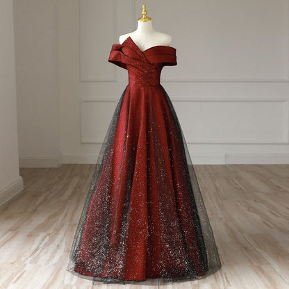 Evening Panel A-Line Glitter Off-Shoulder Mesh Asymmetrical Gown