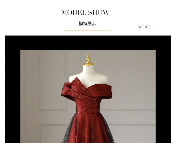 Evening Panel A-Line Glitter Off-Shoulder Mesh Asymmetrical Gown