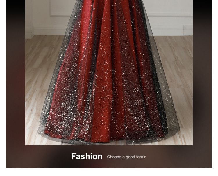 Evening Panel A-Line Glitter Off-Shoulder Mesh Asymmetrical Gown